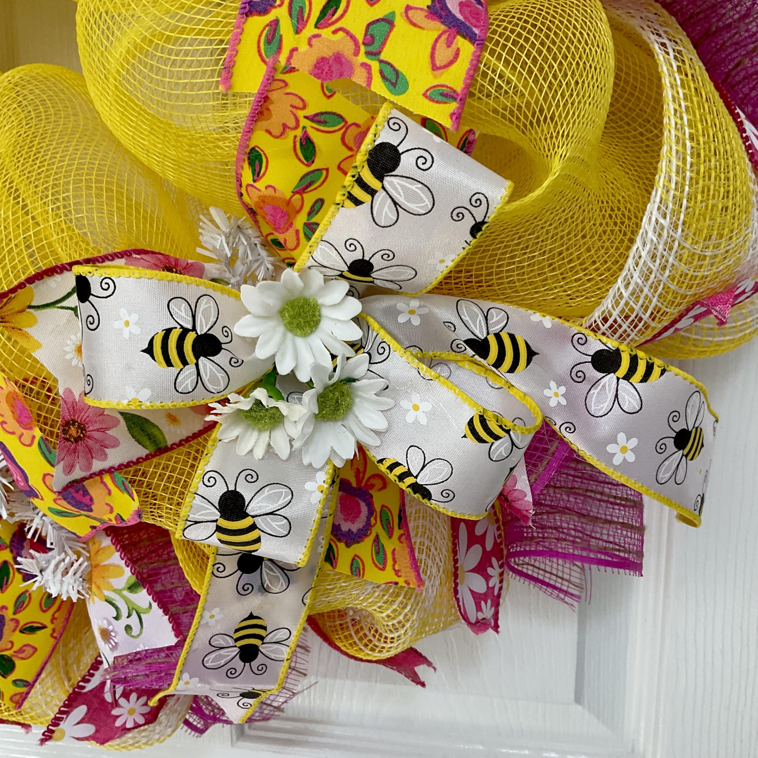 Floral Pink and Yellow wreath pink daisy ribbons 28 inch