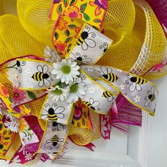 Floral Pink and Yellow wreath pink daisy ribbons 28 inch