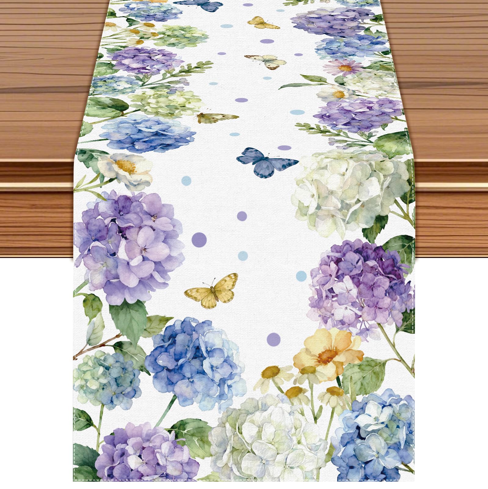 Hydrangea butterfly floral table runner 72x13 on dining table