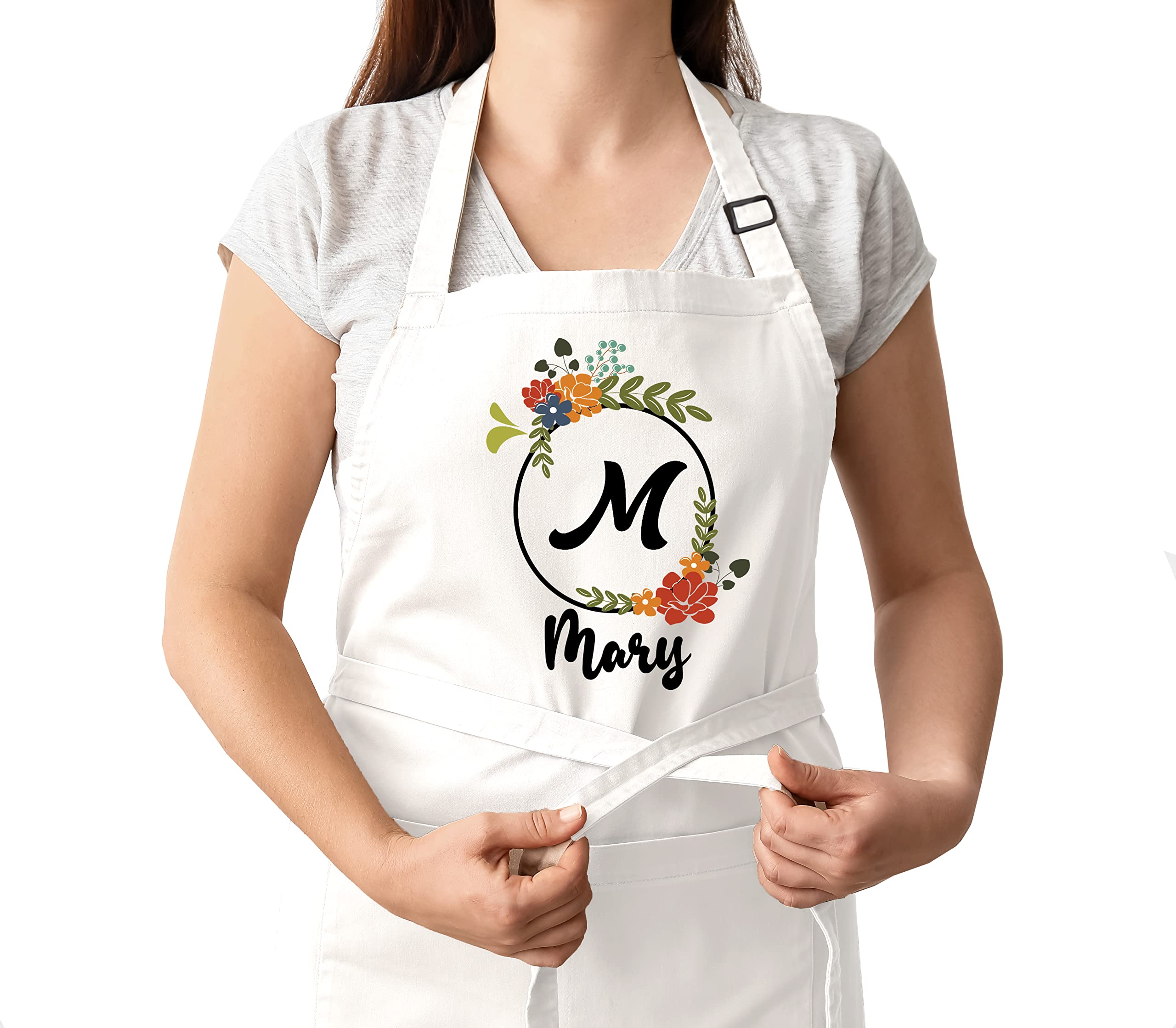 Floral wreath design apron with custom name