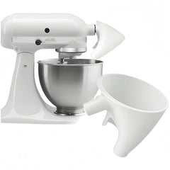 Flour funnel attached to Kitchen Aid mixer for hands-free pouring