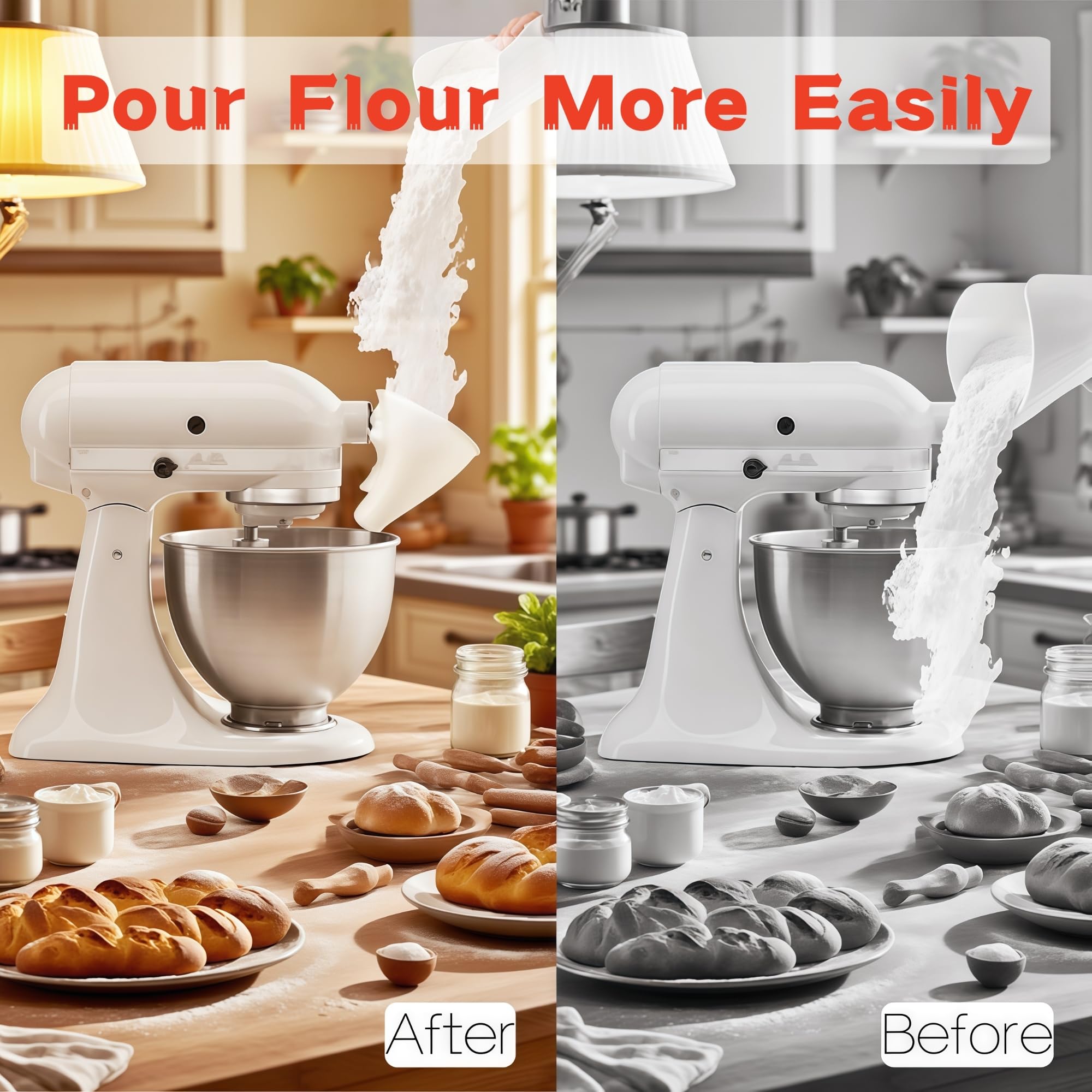 BPA-free plastic flour funnel designed for Kitchen Aid mixer