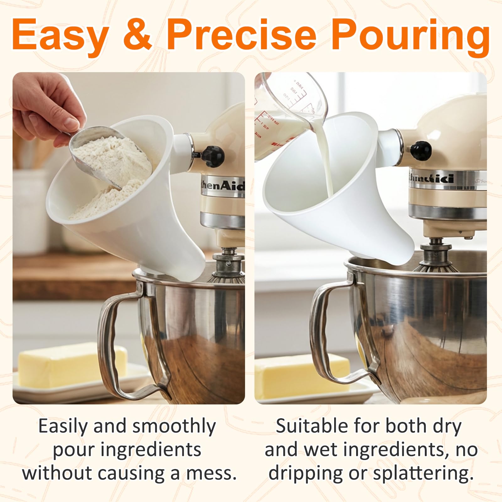 Flour funnel pouring into Kitchen Aid mixer bowl