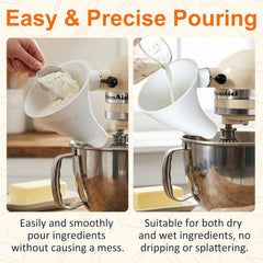 Flour funnel pouring into Kitchen Aid mixer bowl