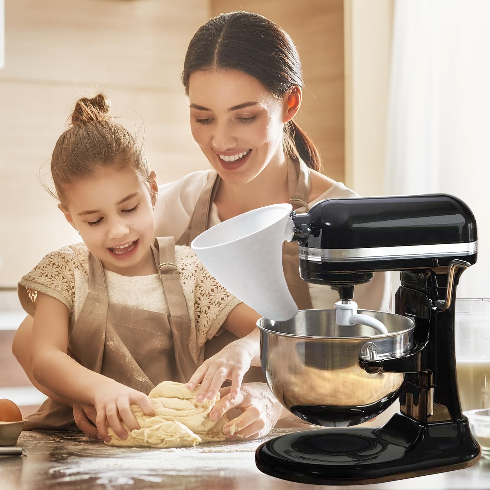 Food-safe flour funnel accessory for KitchenAid mixer