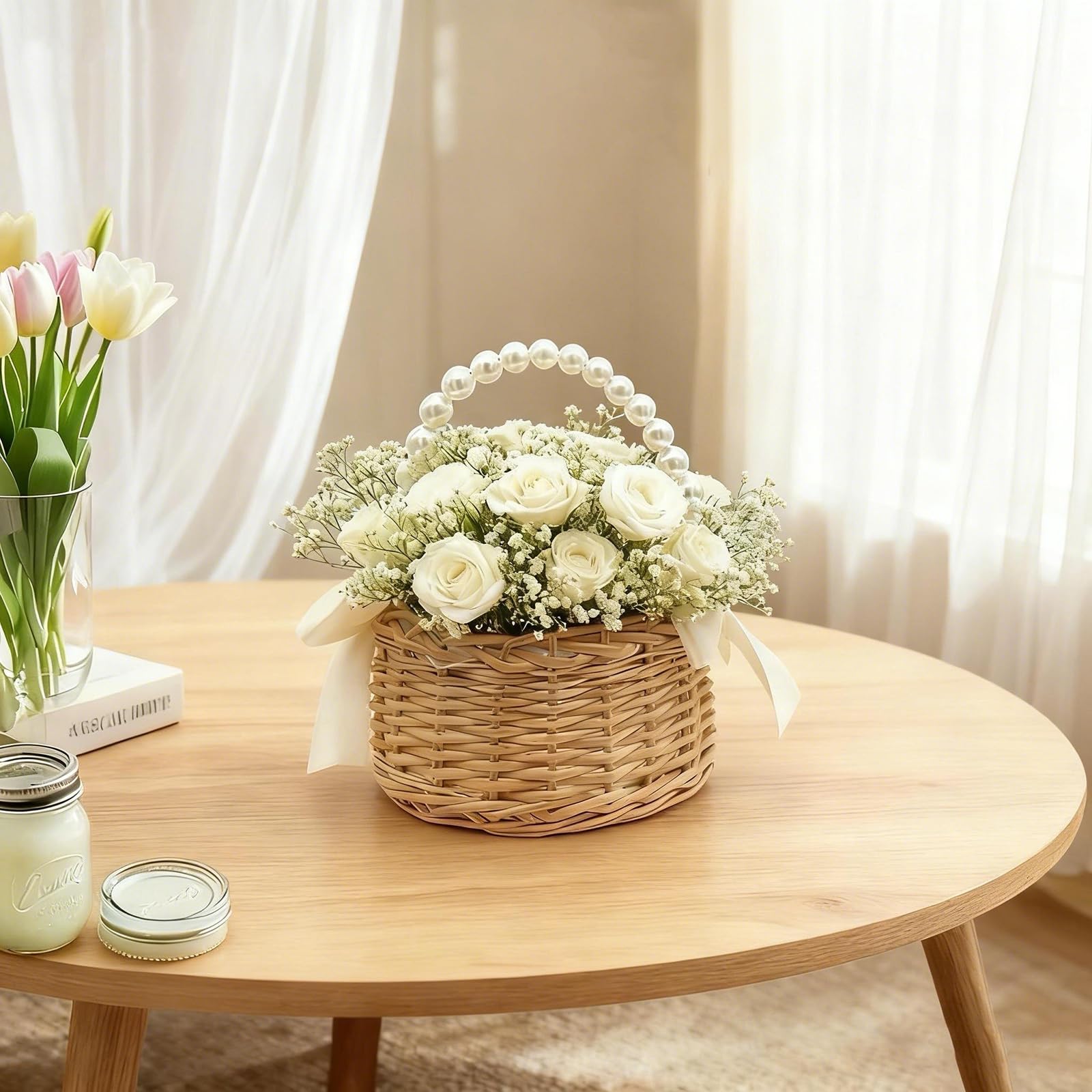 Beige satin bowknot on flower girl basket