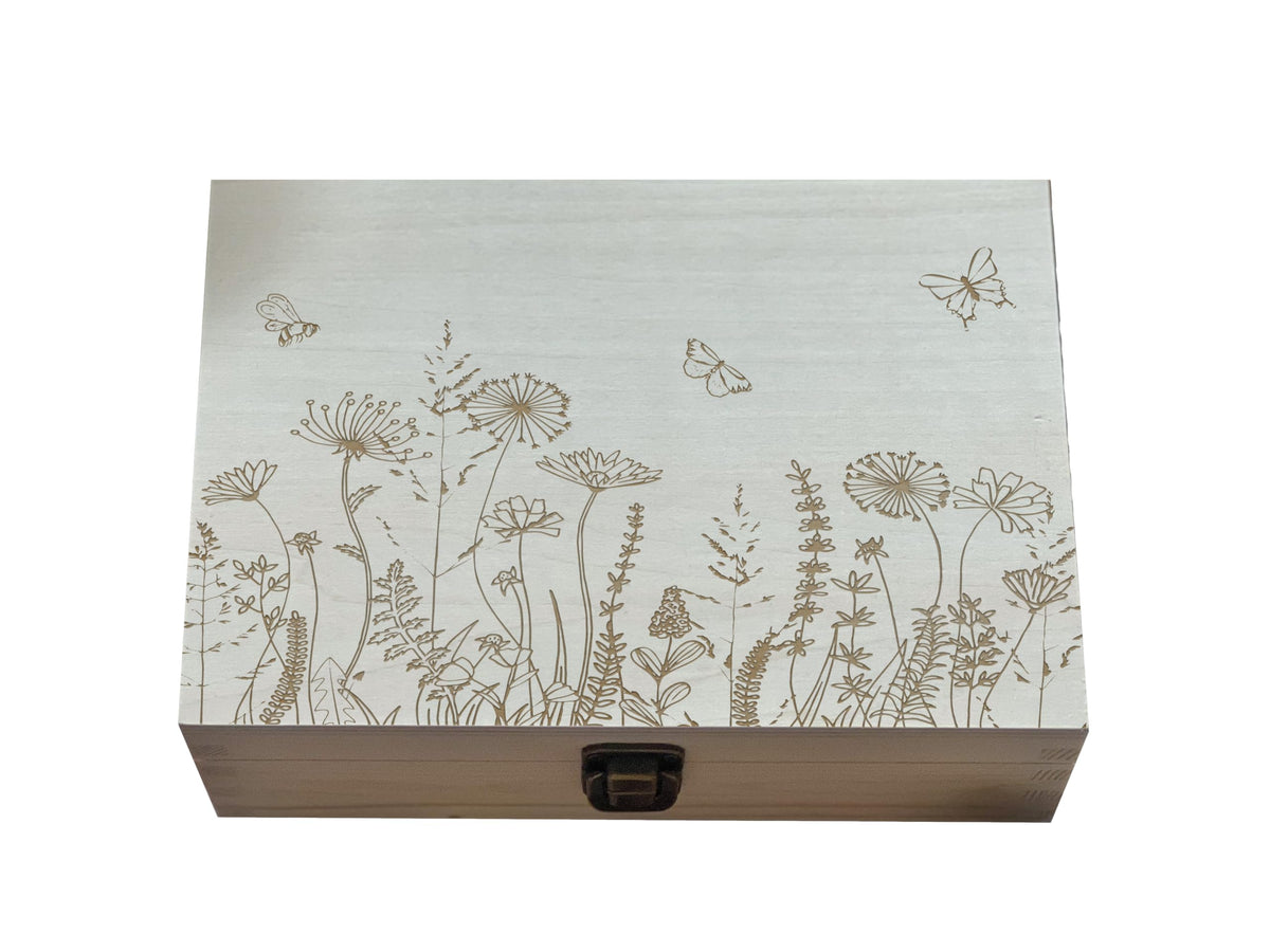 Flowers And Butterflies wooden box product image 8.5 by 6 by 3 inches natural color