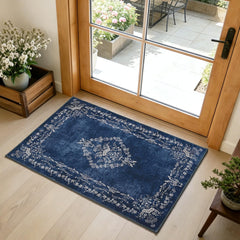 FlyDOIT vintage floral rug low pile navy blue