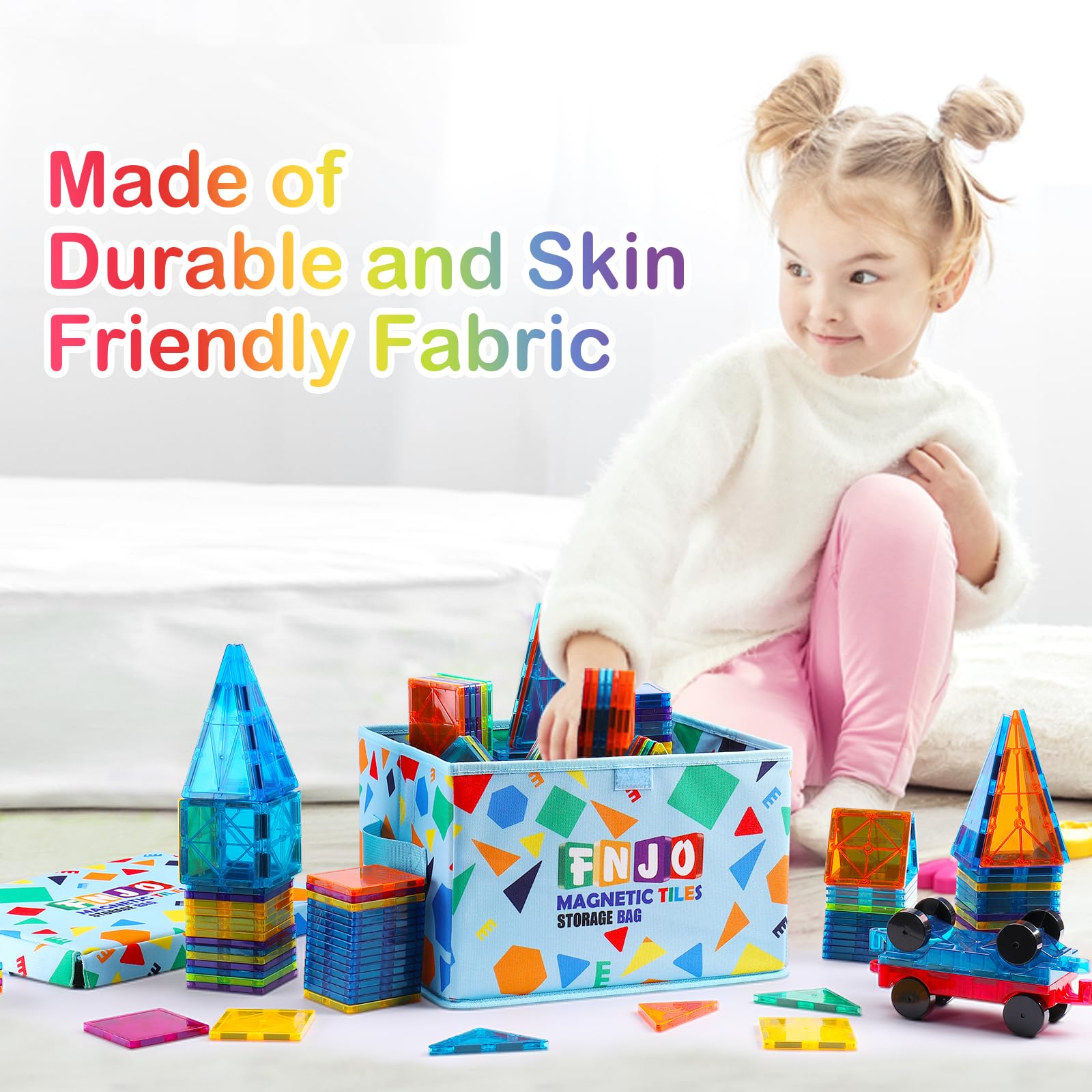 Playroom storage bin with colorful surface