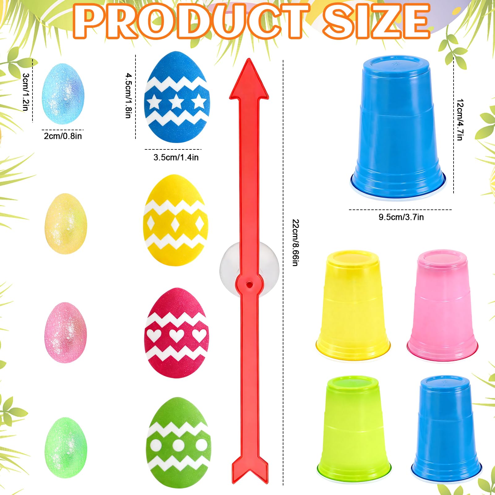 Egg stickers applied to cups for the Easter spinner game