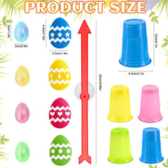 Egg stickers applied to cups for the Easter spinner game