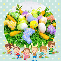 Colorful foam Easter eggs rabbits and carrot ornaments for decor