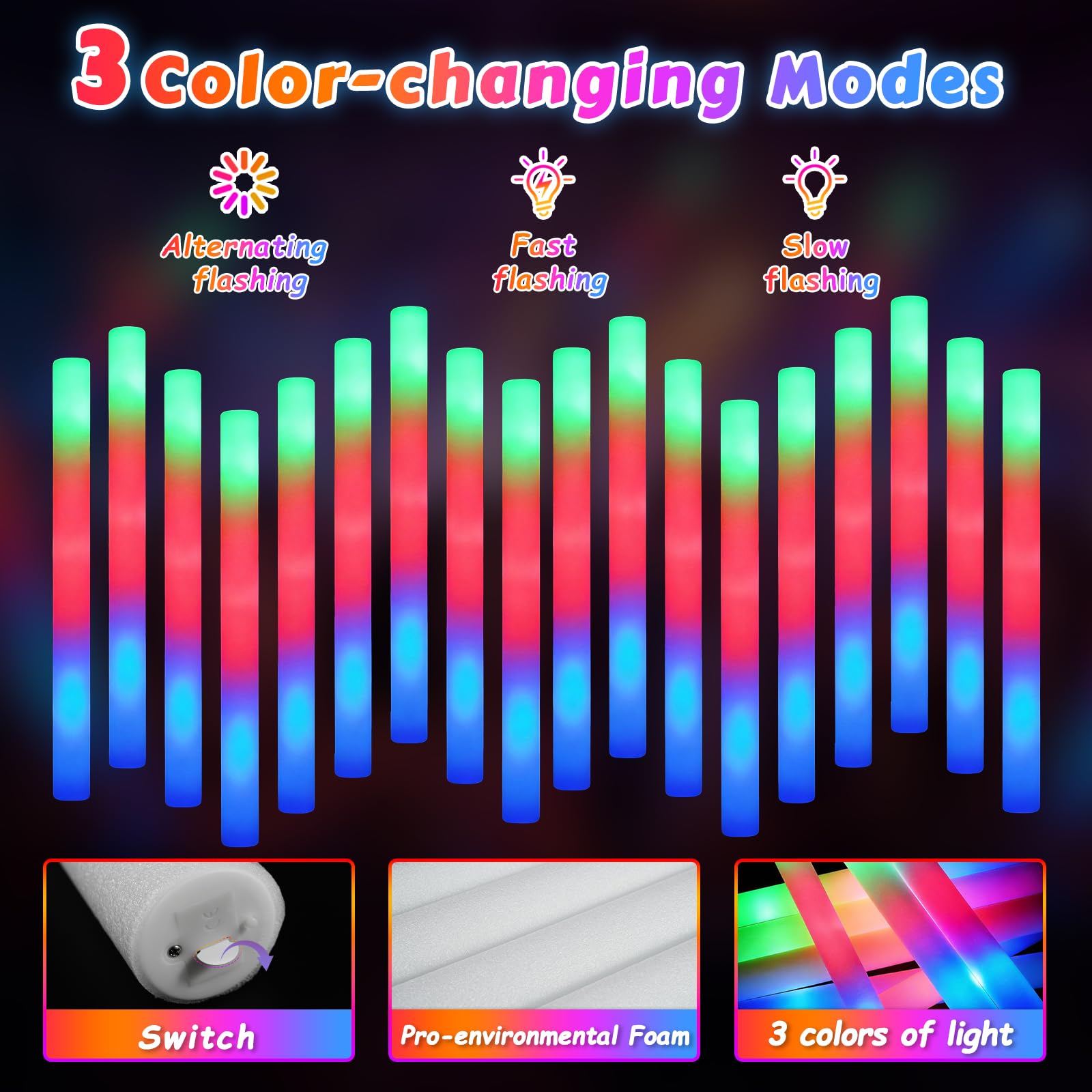 on/off button and replaceable batteries in glow stick