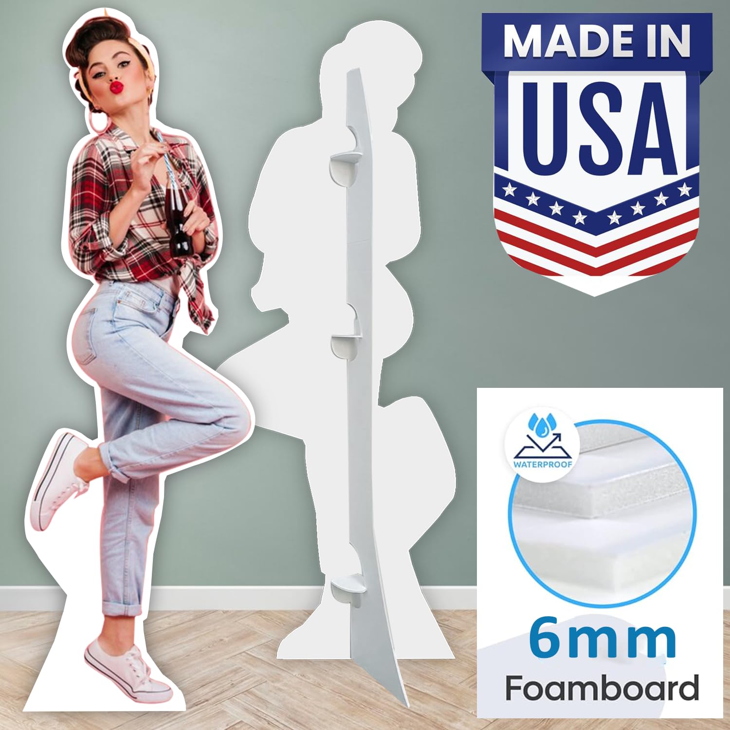 Foamboard stand-up cutout with fold-out support for setup