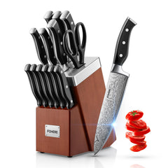 FOHERE 14 piece self sharpening knife block set with wooden block