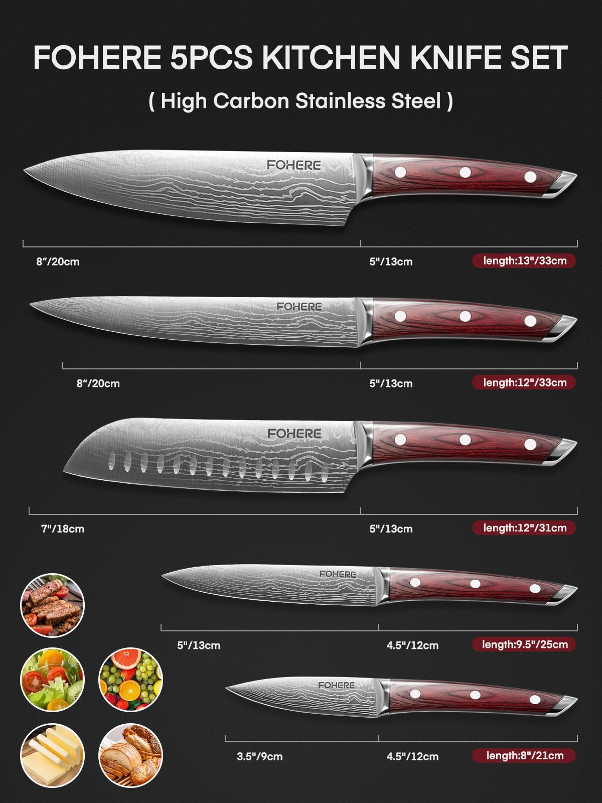 FOHERE chef knife set 7in santoku knife