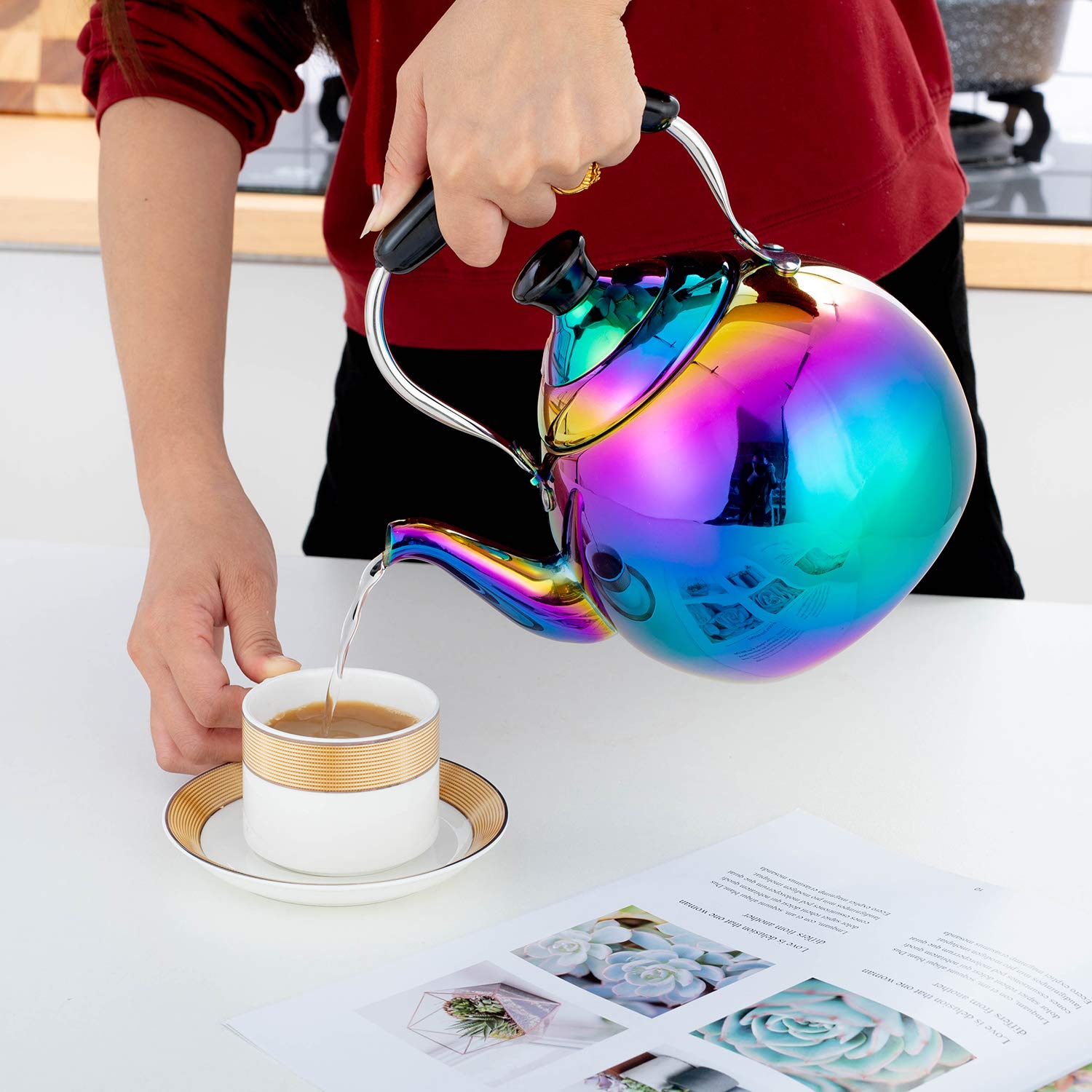 Titanium electroplated rainbow surface tea kettle detail