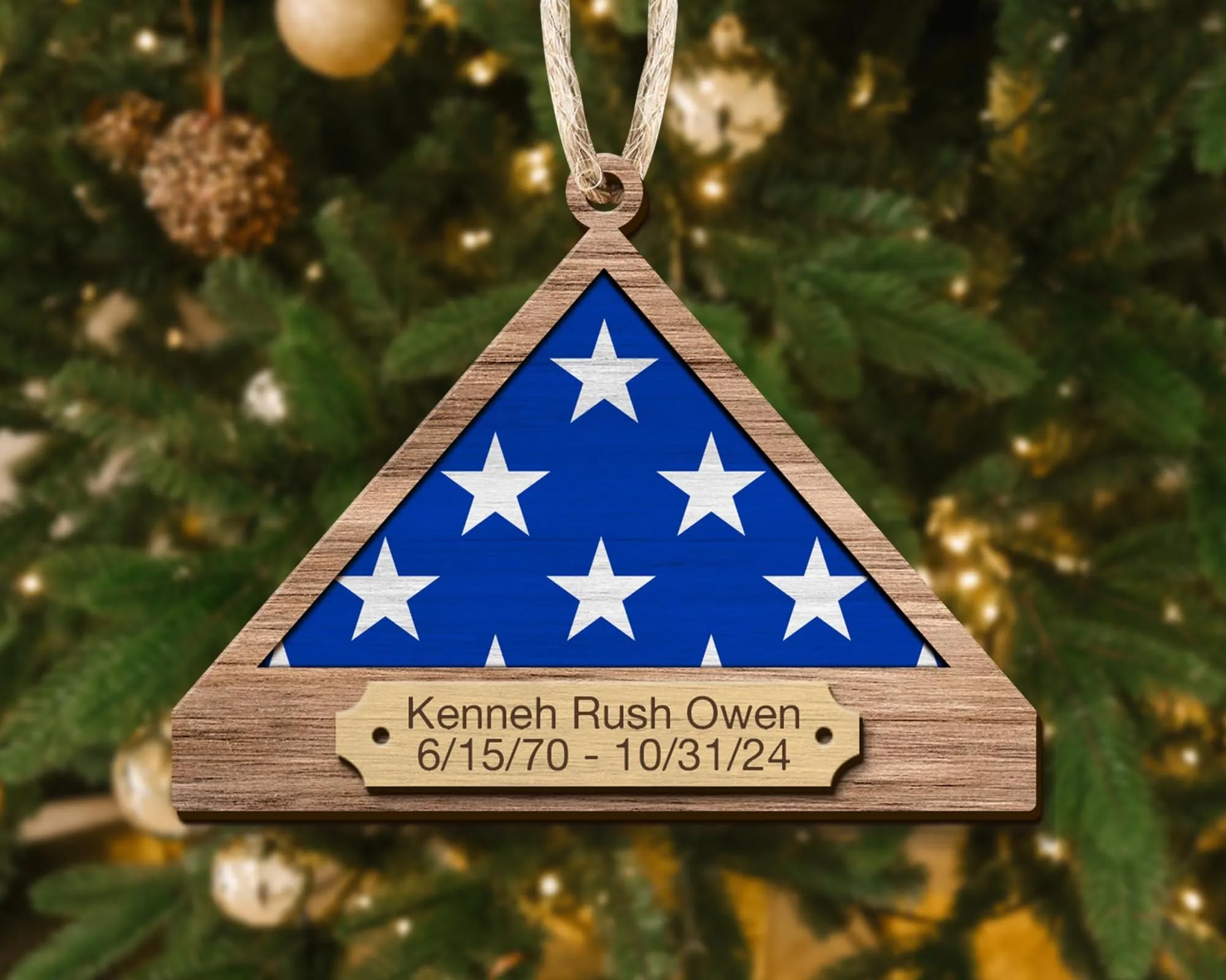Folded flag memorial ornament close up showing patriotic design