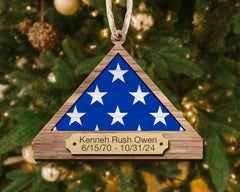 Folded flag memorial ornament close up showing patriotic design
