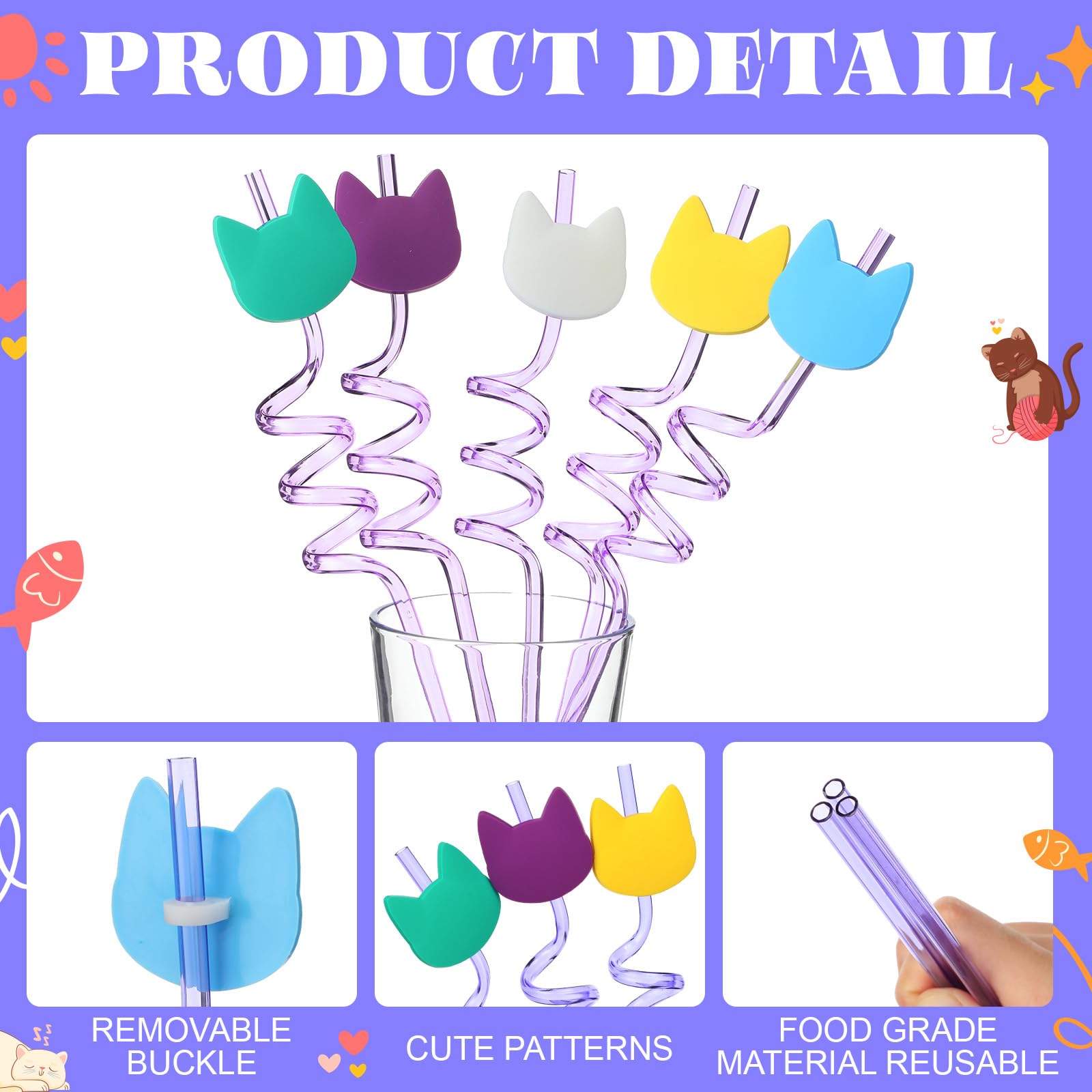 FoldTier cartoon cat straw set 25 pieces blue color