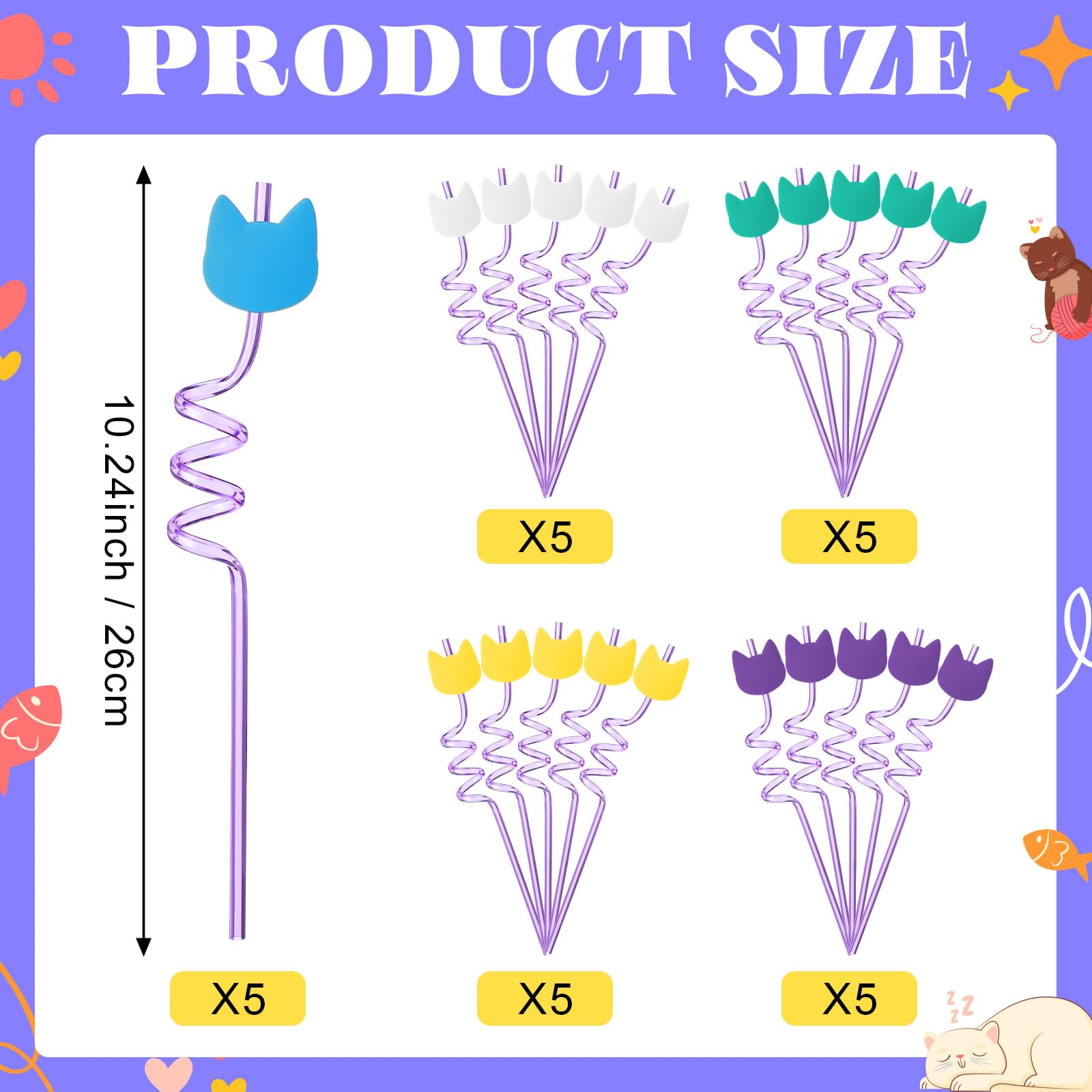 FoldTier cartoon cat straw set 25 pieces purple color