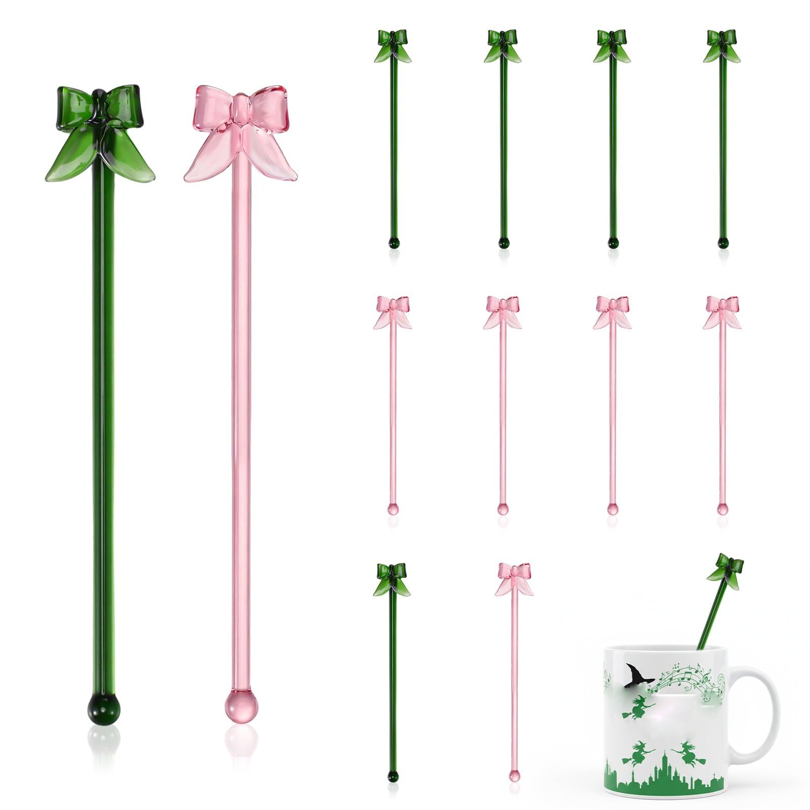 FoldTier Witch Glass Swizzle Sticks 7 inch pink green set of 6