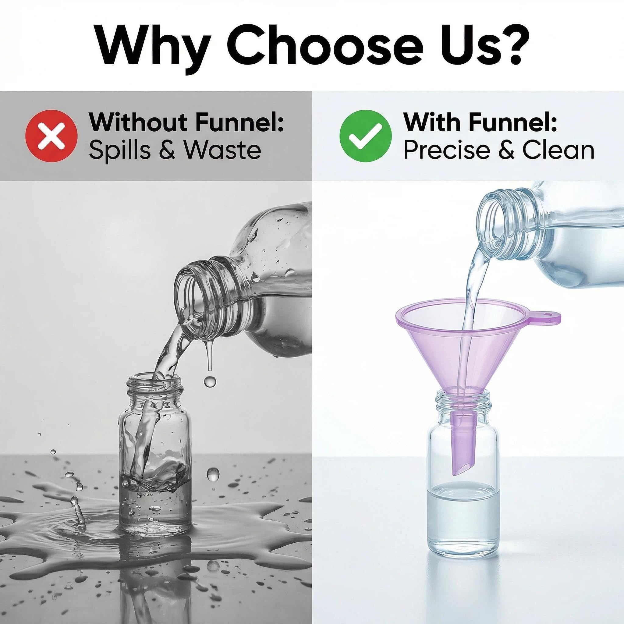 Easy-grip handle on each tiny funnel