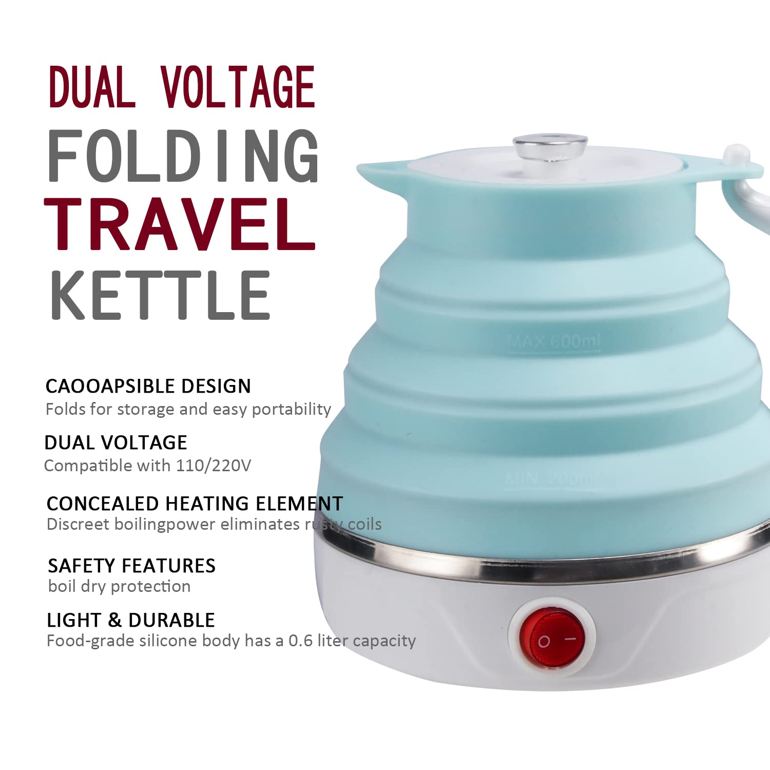 Food grade silicone portable kettle 600ml blue
