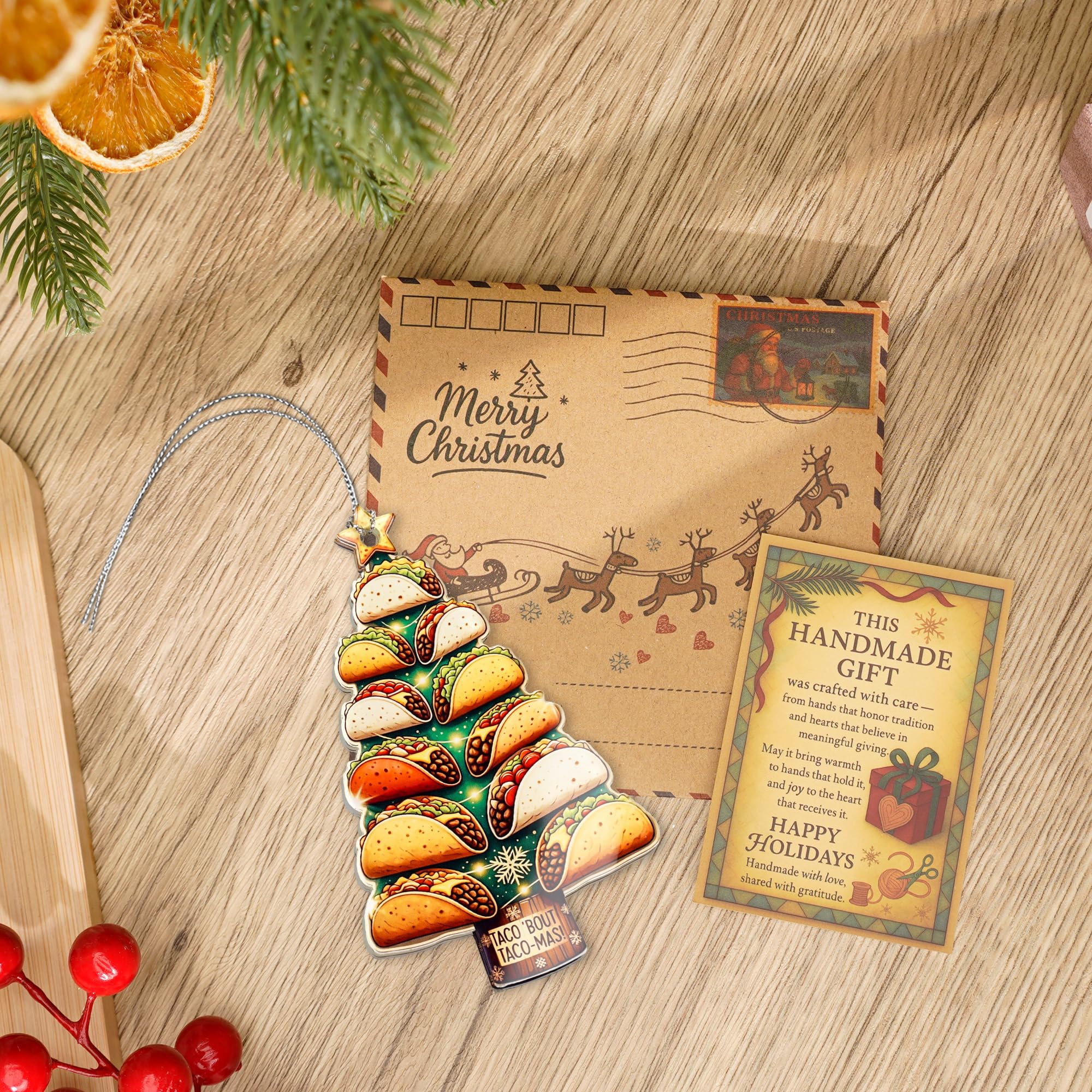 Taco Christmas Ornament displayed on Christmas tree