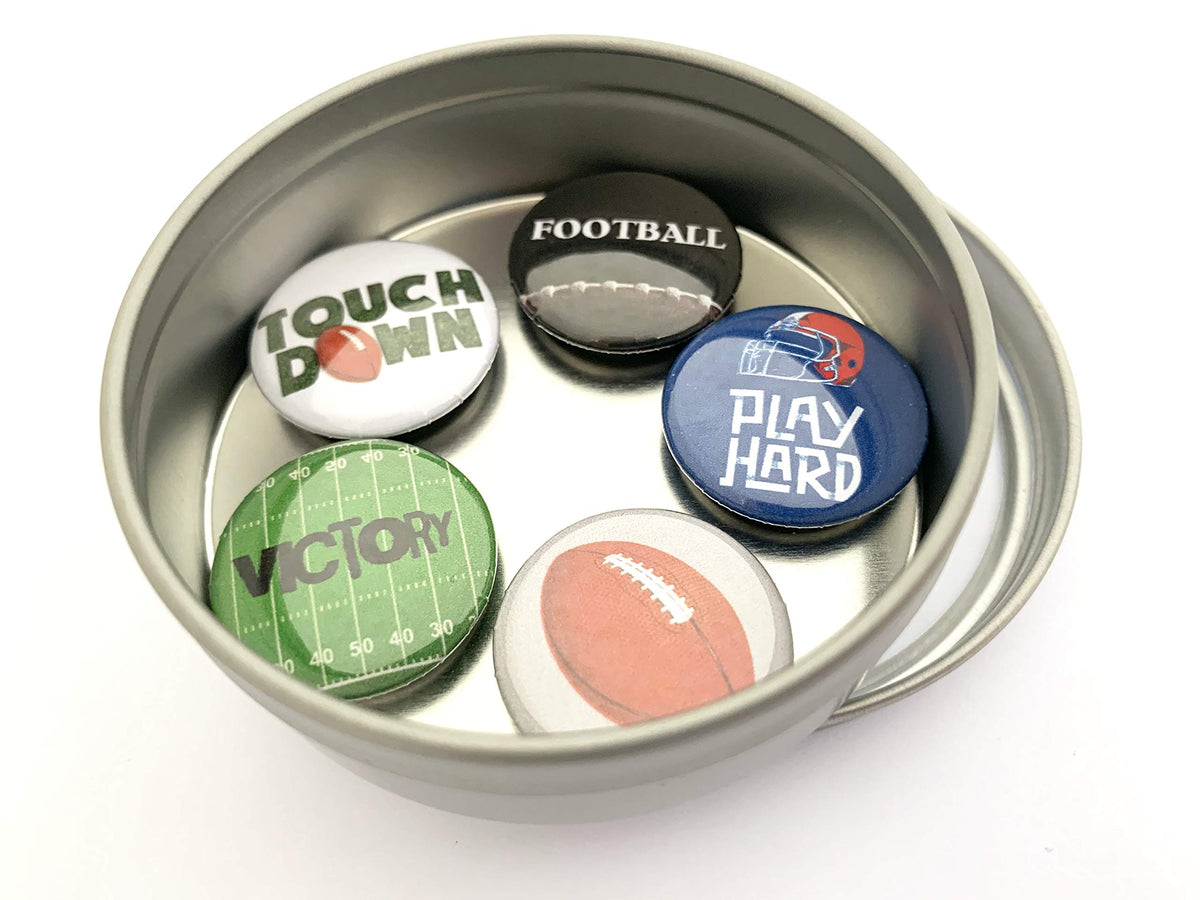 Five football magnets in a round window tin box