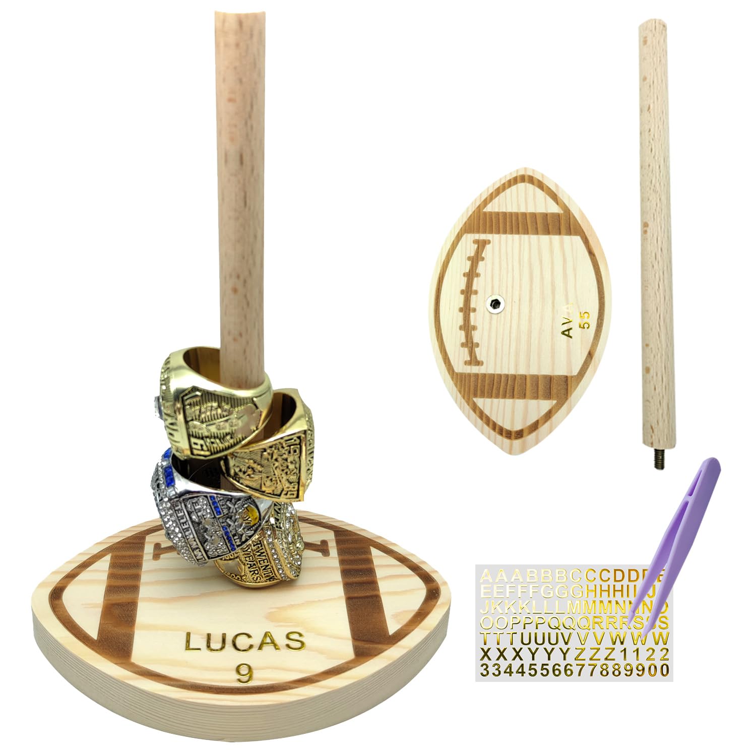 Football stacked ring holder base with engraved football pattern