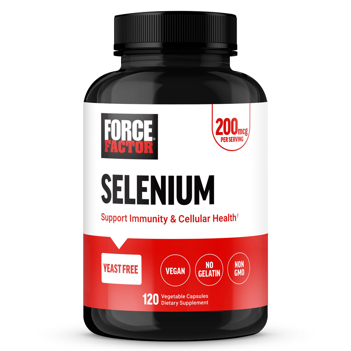 Force Factor Selenium bottle label showing 200mcg per capsule