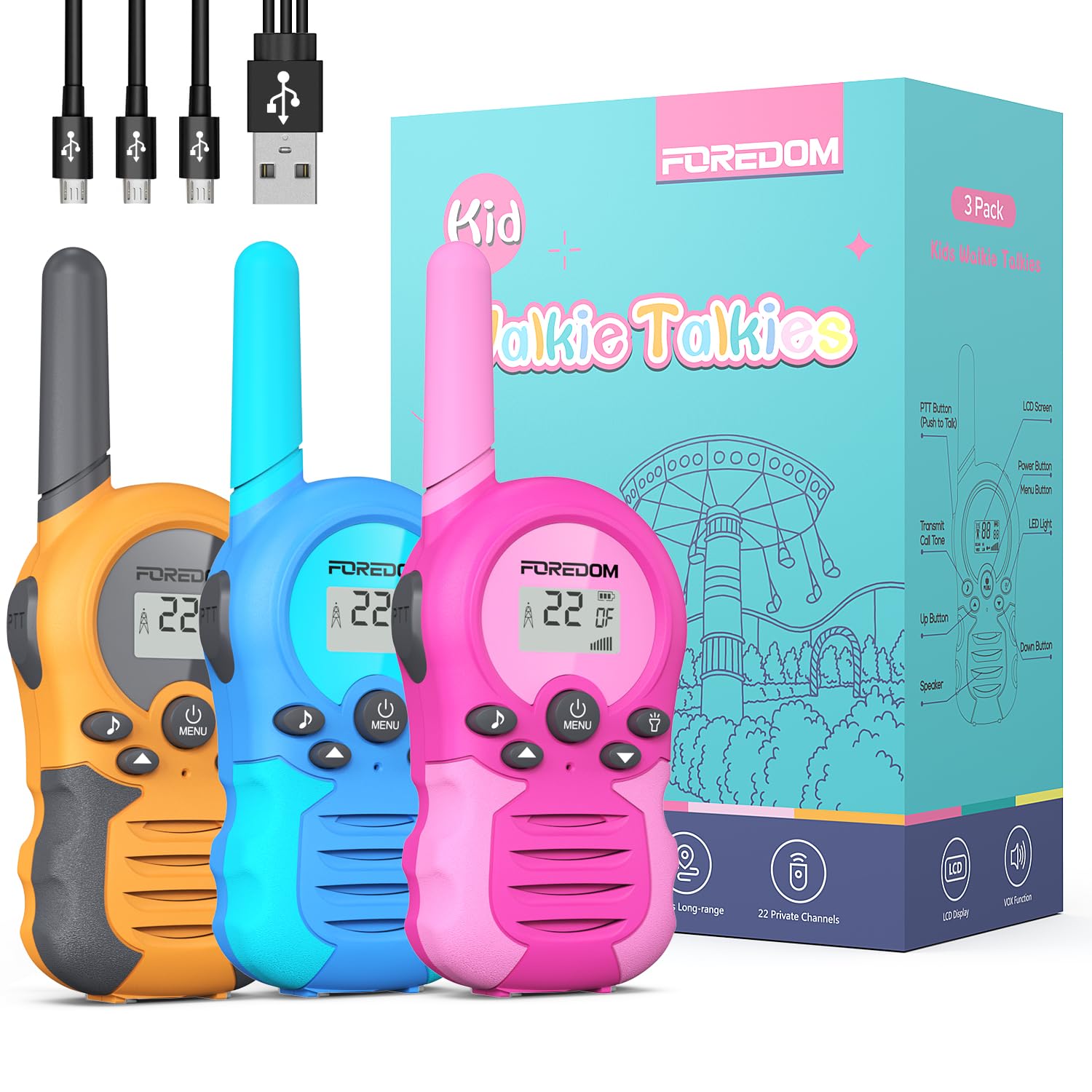 FOREDOM rechargeable kids walkie talkies in a 3 pack