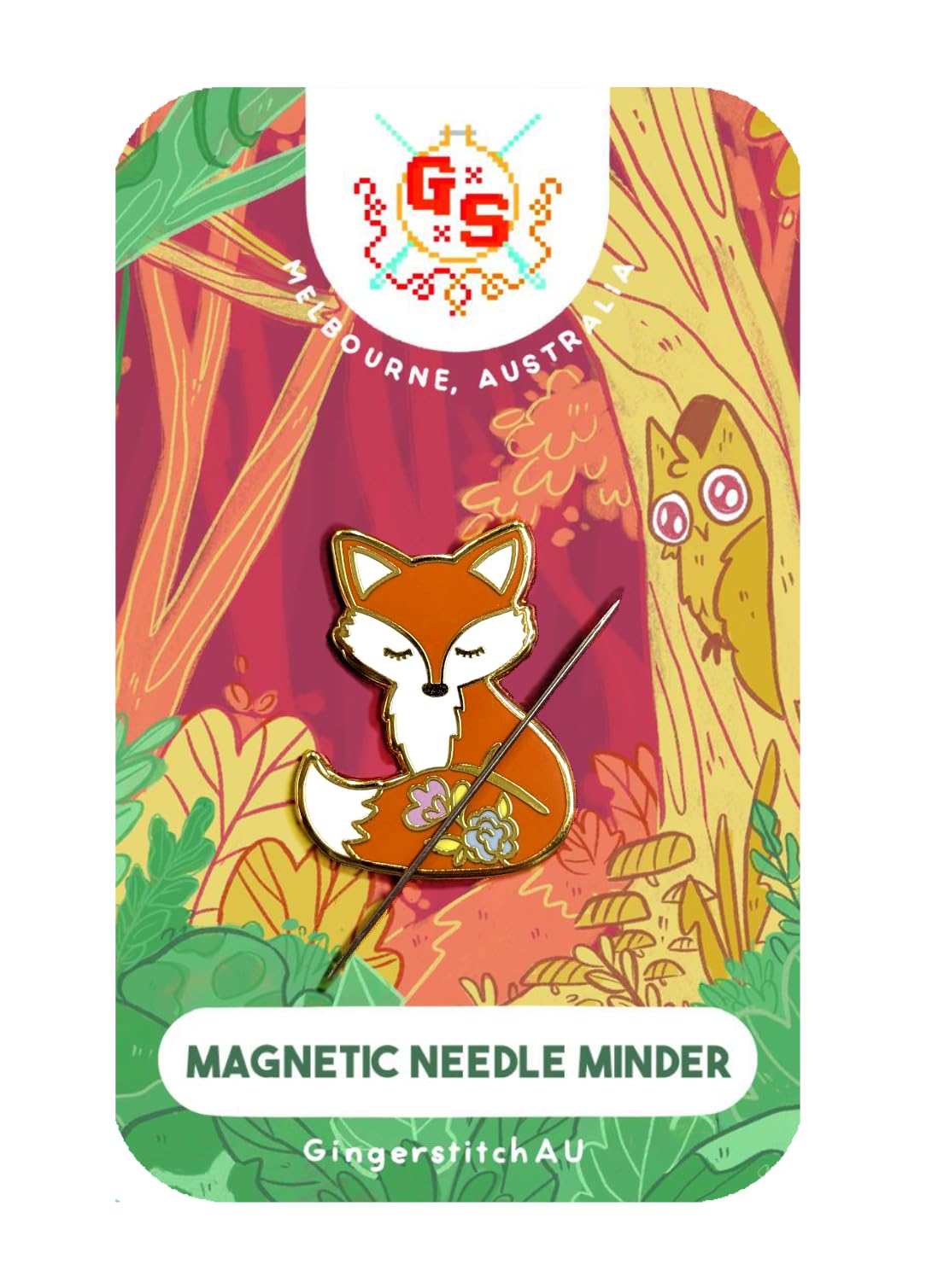 Forest Fox Needle Minder on a 3 inch embroidery hoop