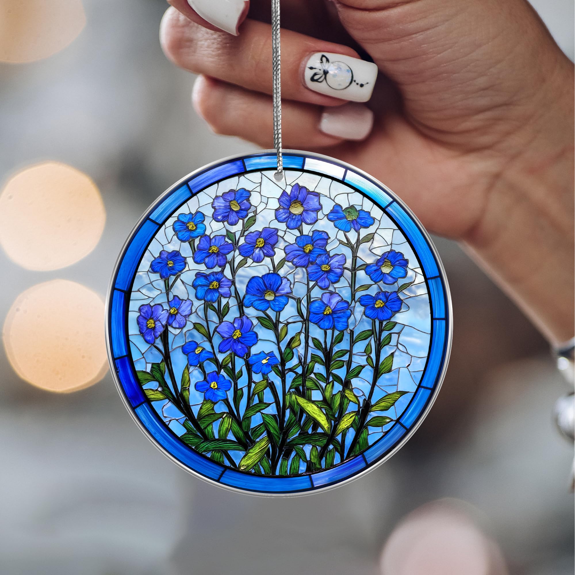Forget Me Not window hanging ornament with blue hues