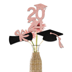 Four Ever Sweet 12Pcs Graduation Centerpiece Sticks rose gold and black on party table