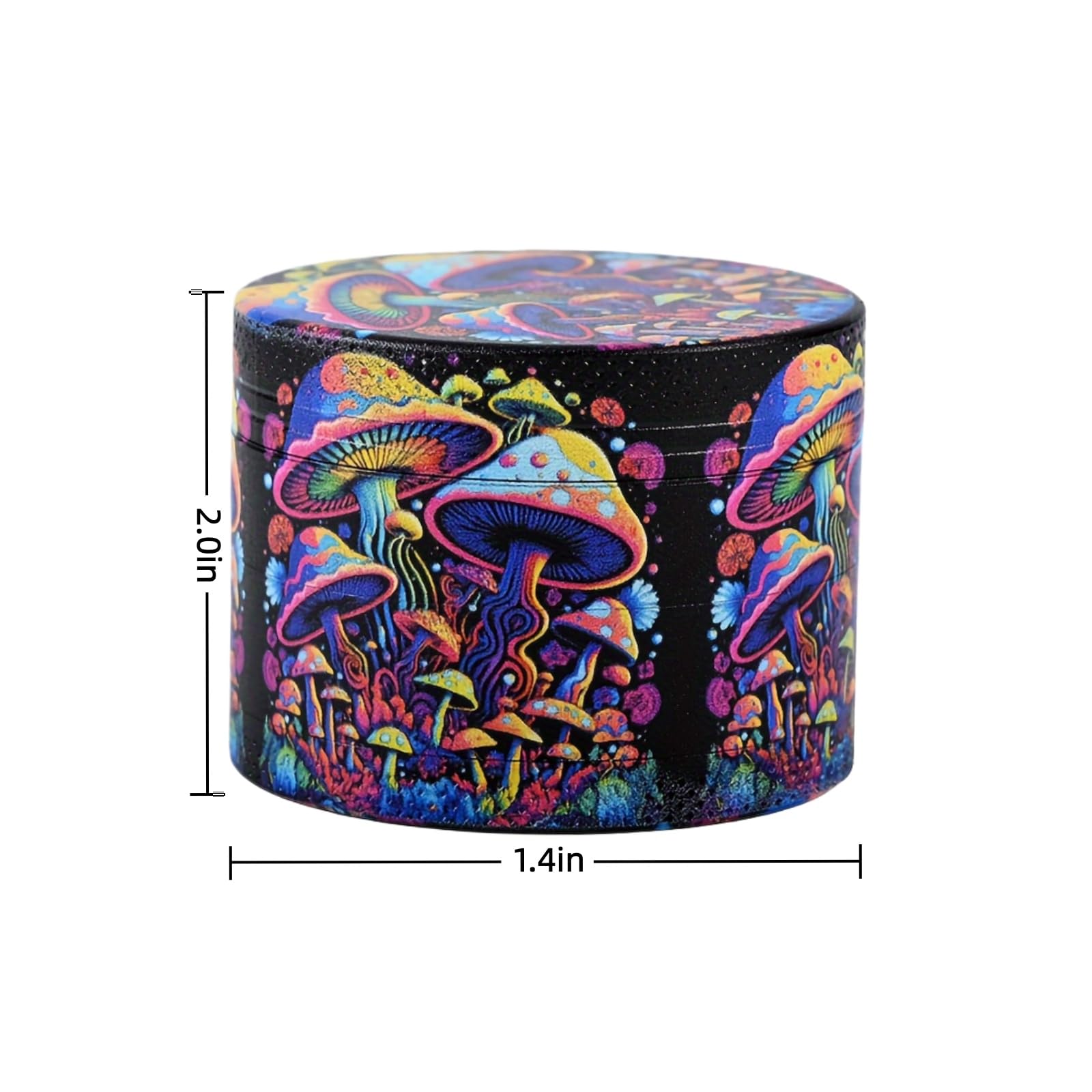 Metal manual pepper grinder showing 2-inch abstract mushroom pattern