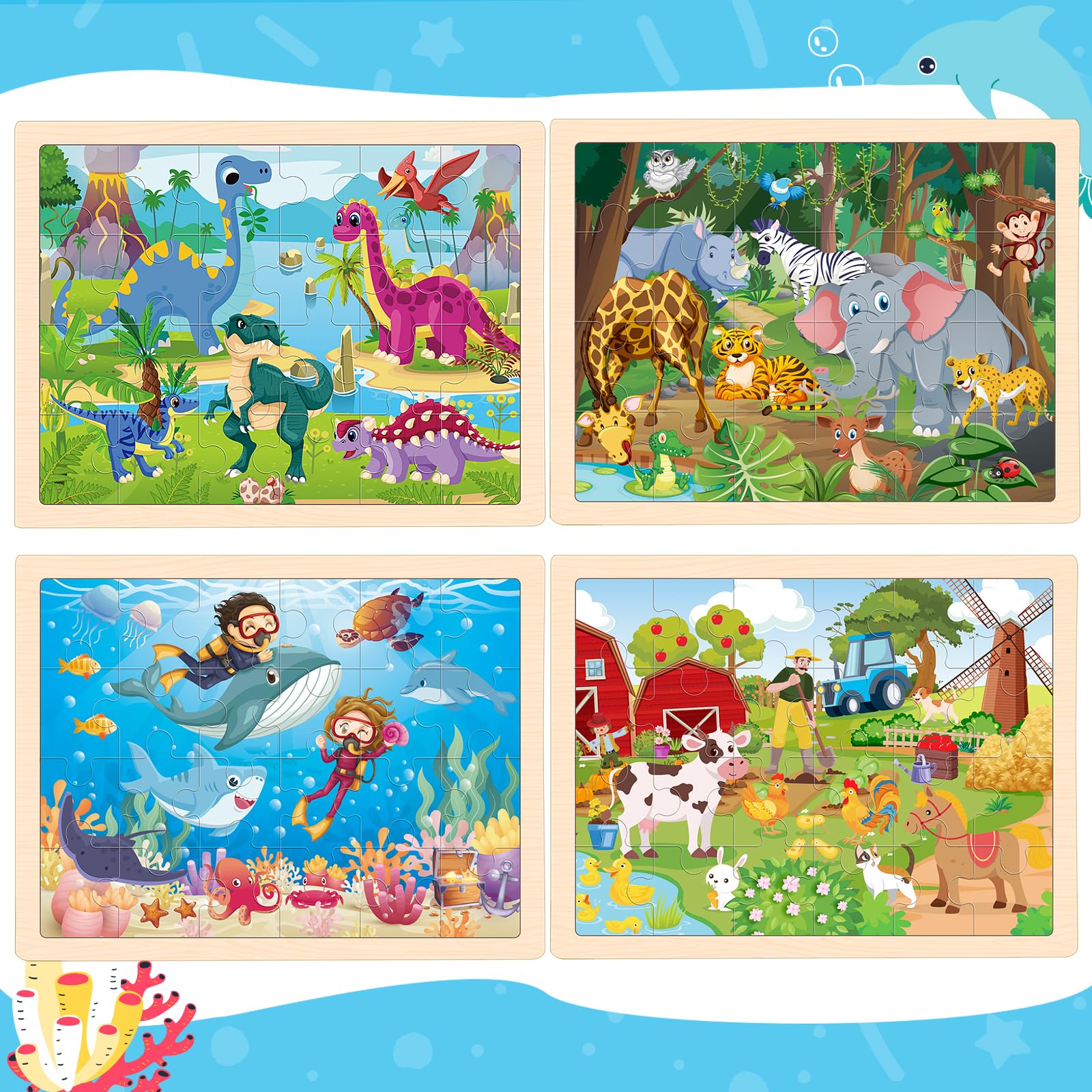Wooden animal puzzle with four packs for kids 3-5