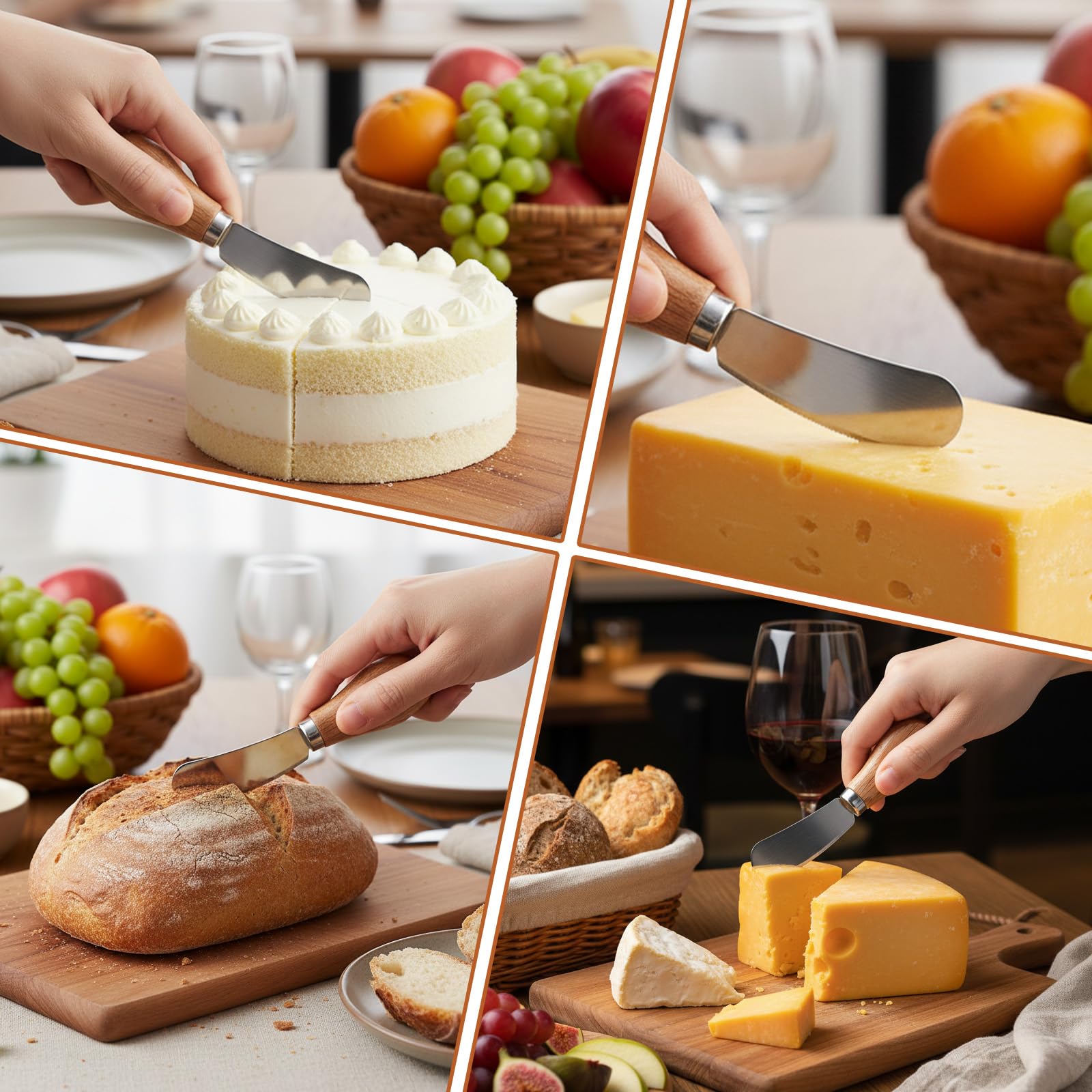 Silver stainless steel blade cheese spreader with wooden grip