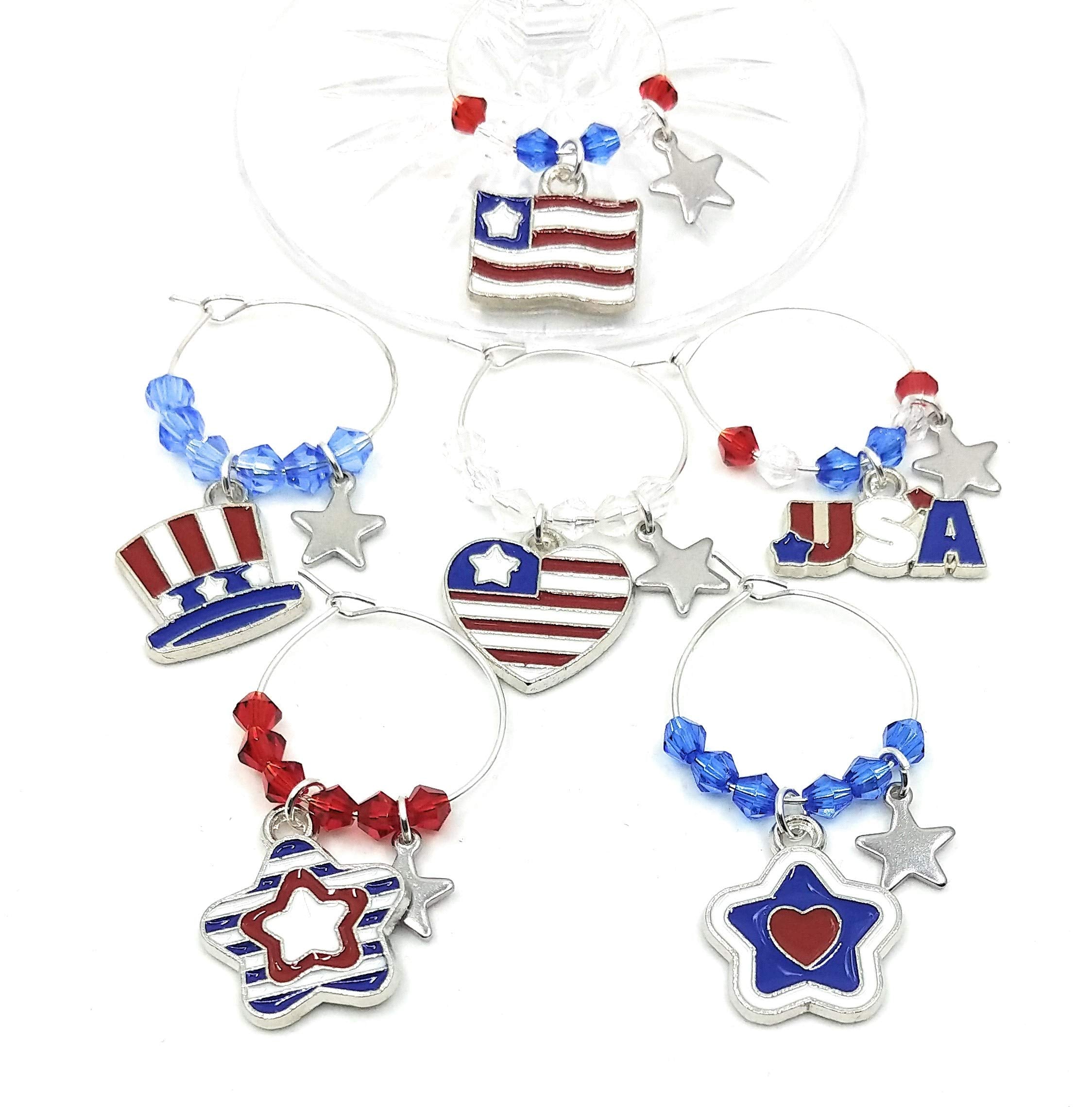 Fourth of July wine charms with silver tone rings