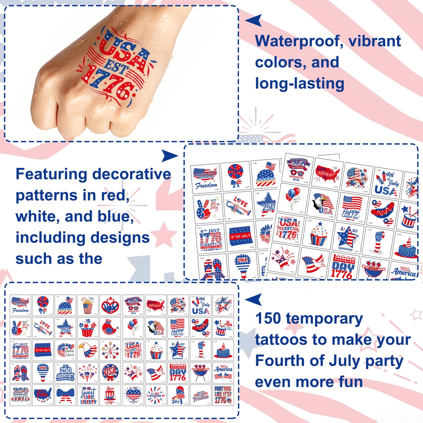 Precut tear-line Fourth of July tattoos easy to apply