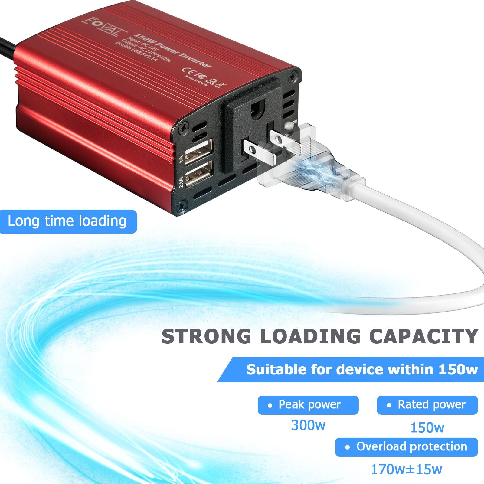 AC outlet on FOVAL 150W car inverter powers laptop and devices