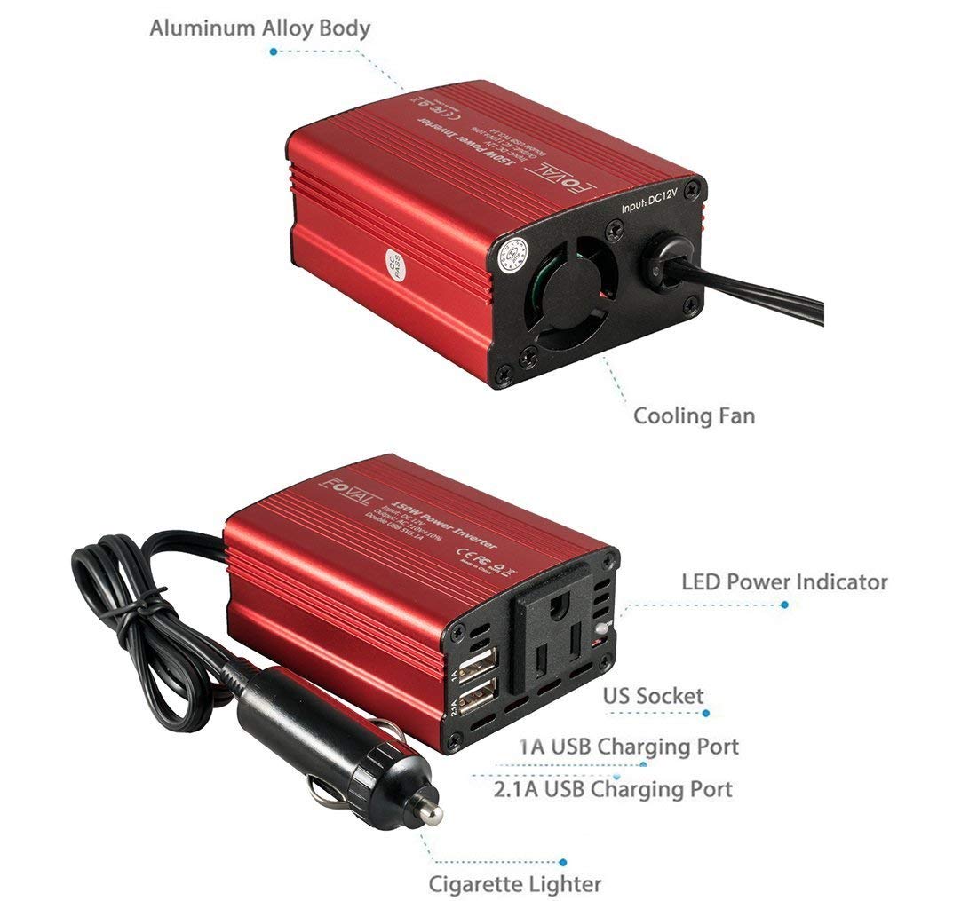 Classic red FOVAL 150W car power inverter for vehicles