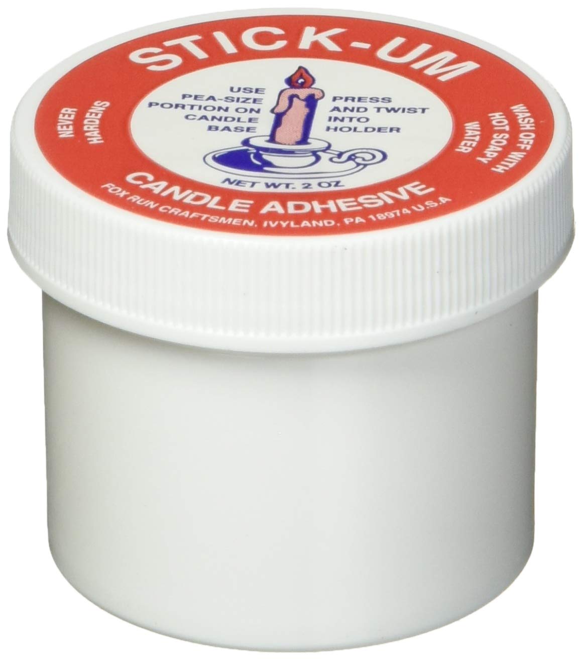 Fox Run Stick-Um Candle Adhesive 2 oz container for holding tapered candles upright