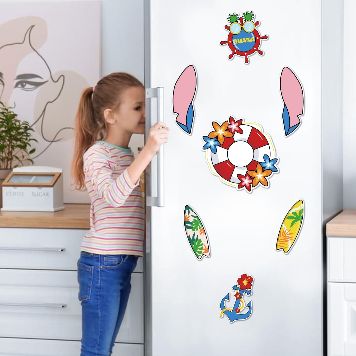 Hawaiian and cruise ship motif magnets on door