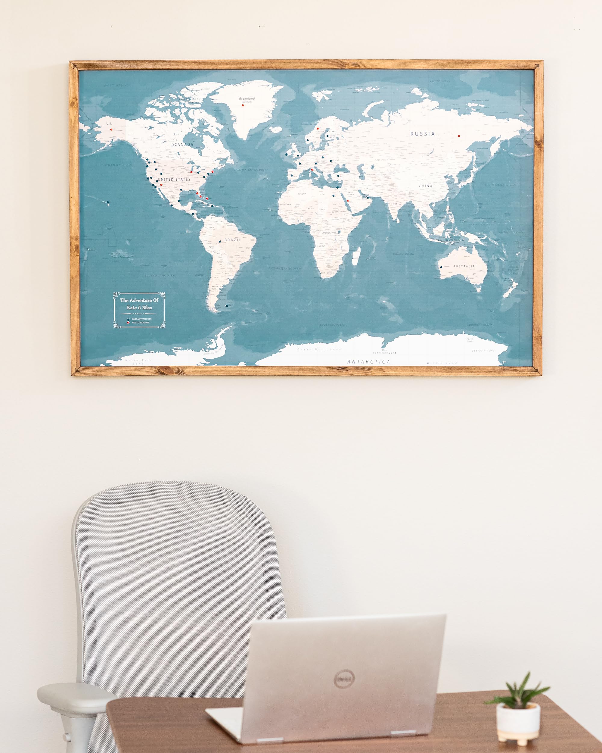Framed world map 20x30 with gray wash frame