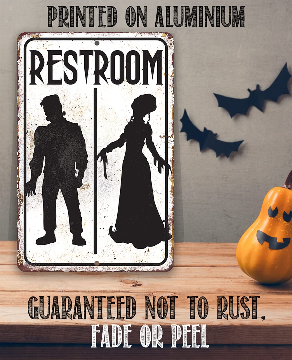 Close up epoxy ink on aluminum Frankenstein Restroom sign