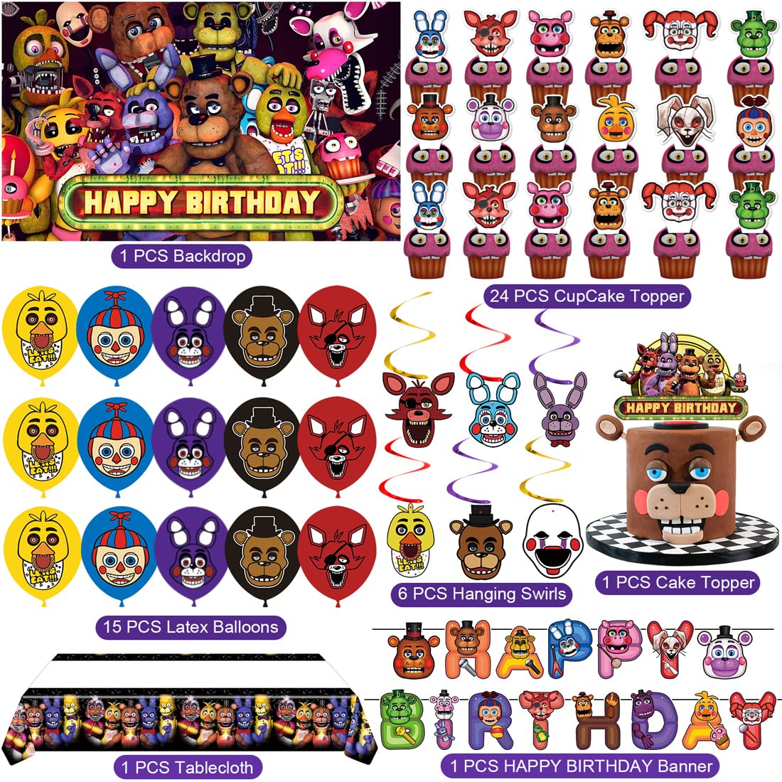 Latex balloons and cake toppers from Freddy's Birthday Decorations kit