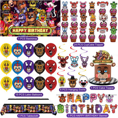 Latex balloons and cake toppers from Freddy's Birthday Decorations kit