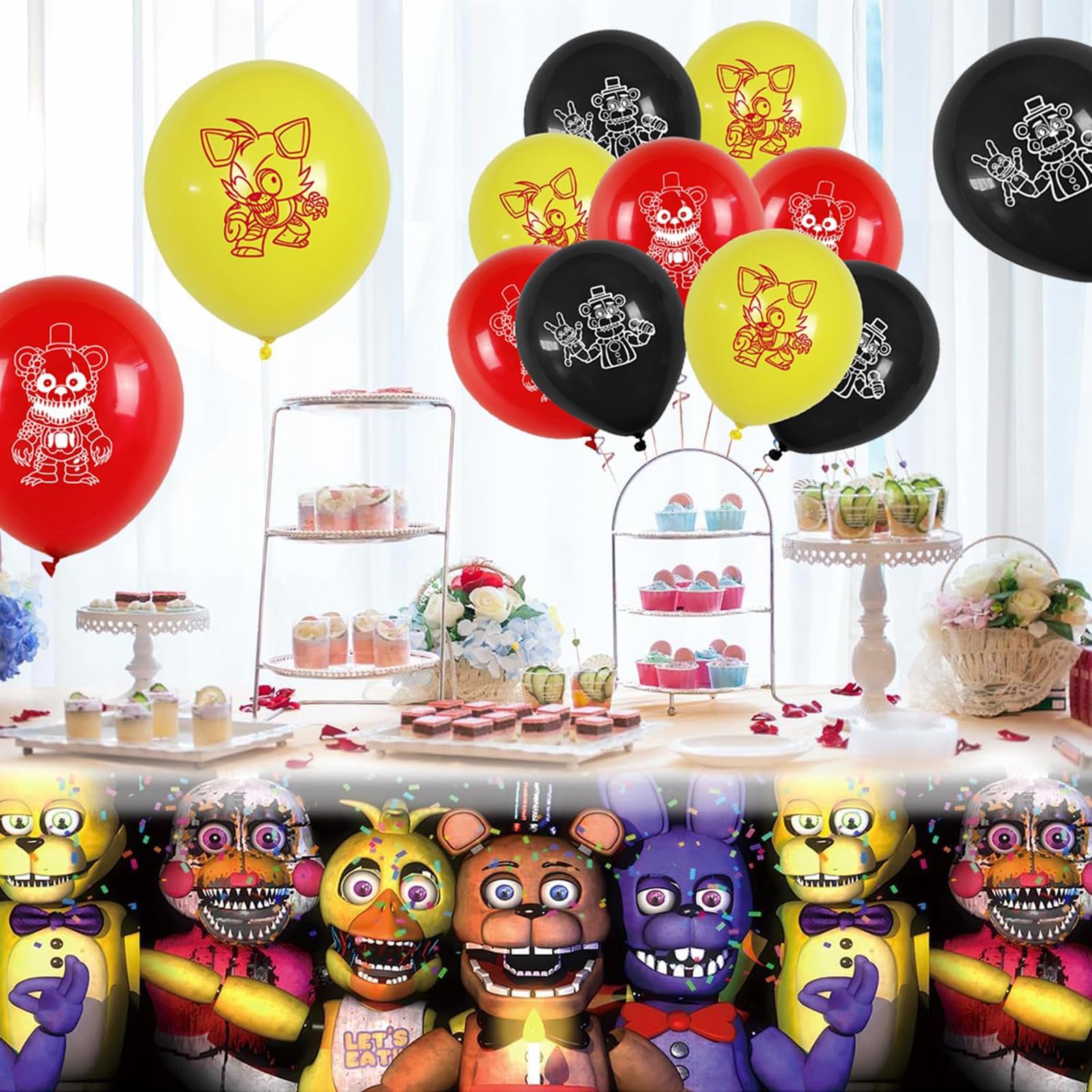 Freddy's latex balloons and thick cardboard cake decorations
